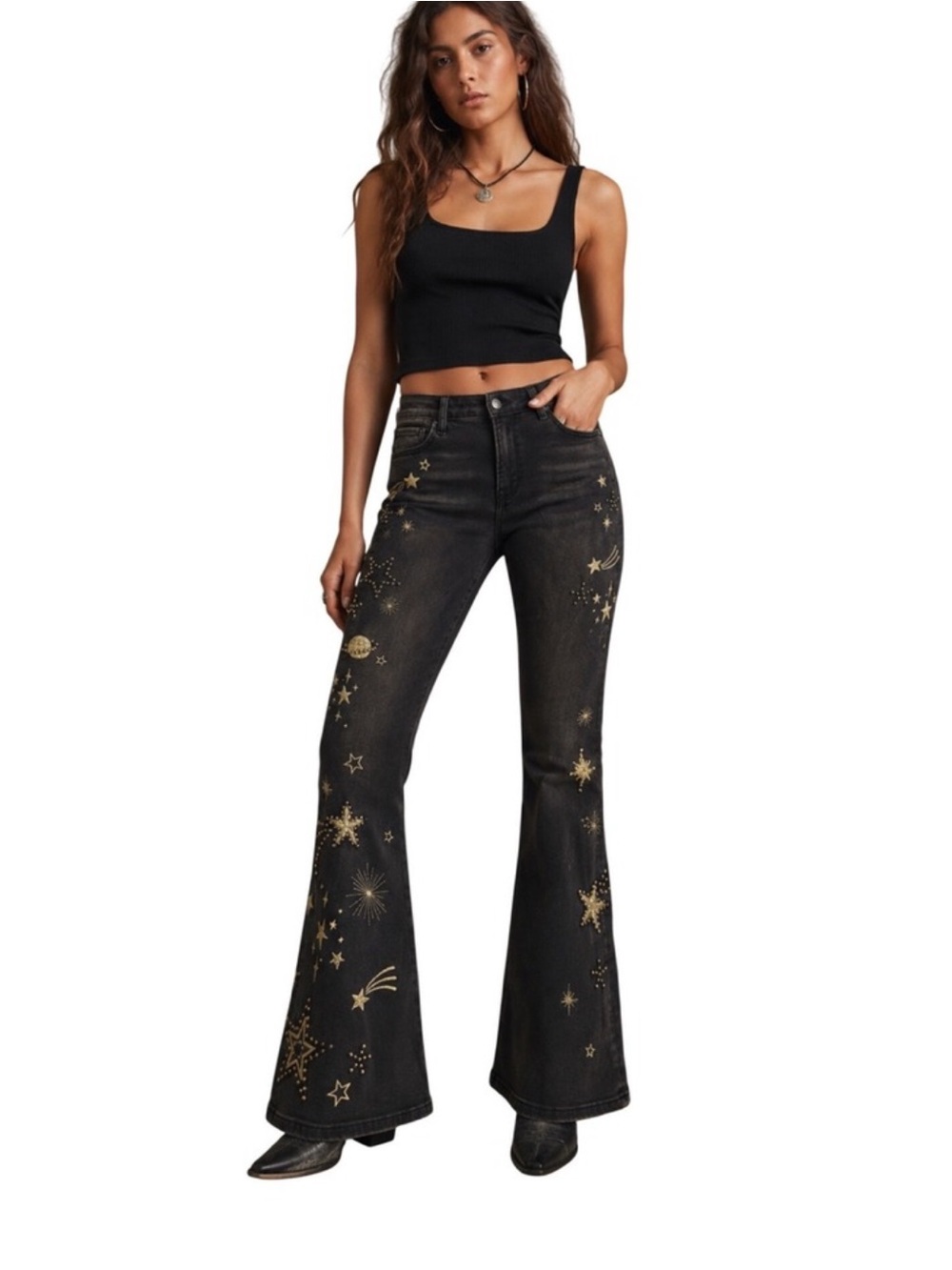 Free people X DRIFTWOOD Black Farrah Flare Jeans with Gold Celestial Embroidery